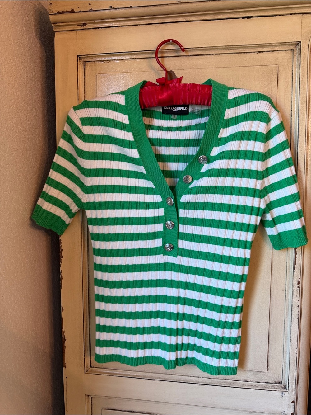 Karl Lagerfeld White & Green Striped Ribbed Knit Polo